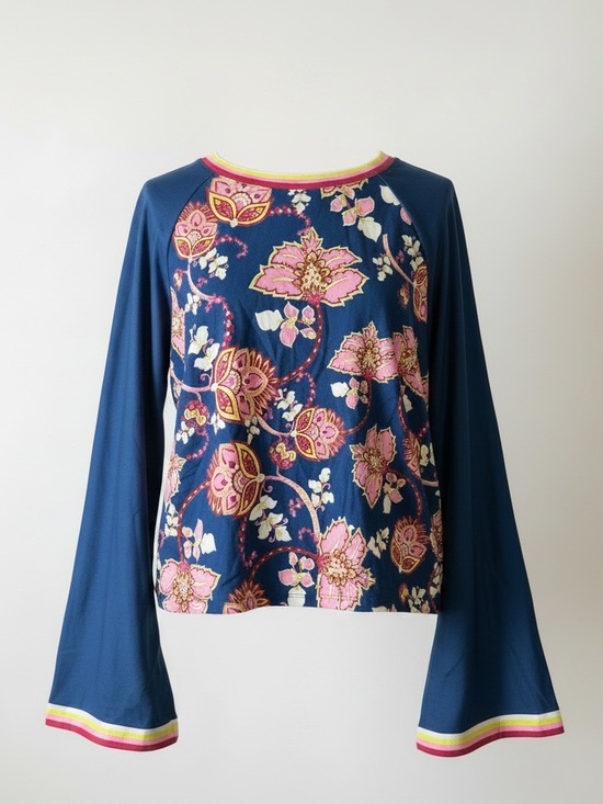 Johnny Was Tops - Johnny Was Active Floral Performance Long Sleeve Top Blue Pink Relaxed Size L